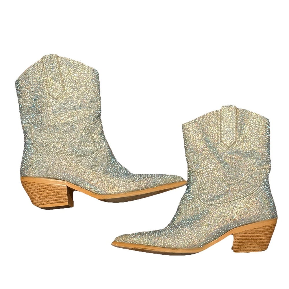 WetKiss Rhinestone Silver Ankle Boots Cowboy Size‎ 7 Sparkly Low Chunky Swiftie